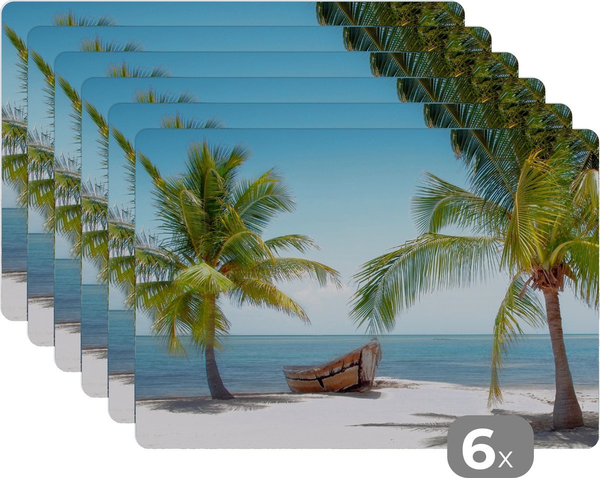 Placemats - Palmboom - Strand - Zee - Boot - 45x30 cm - Placemat - Onderlegger - 6 stuks