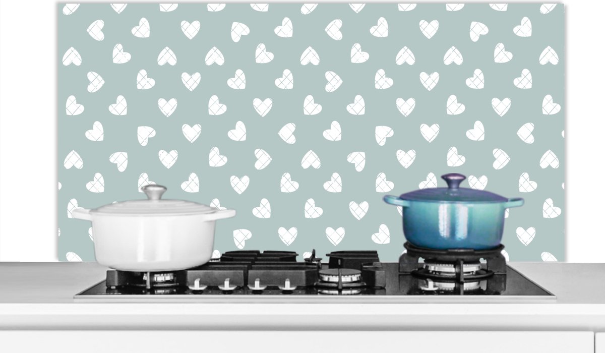 Spatscherm - Keuken achterwand - Keuken - Patronen - Hart - Groen - Wit - 120x60 cm - Spatwand