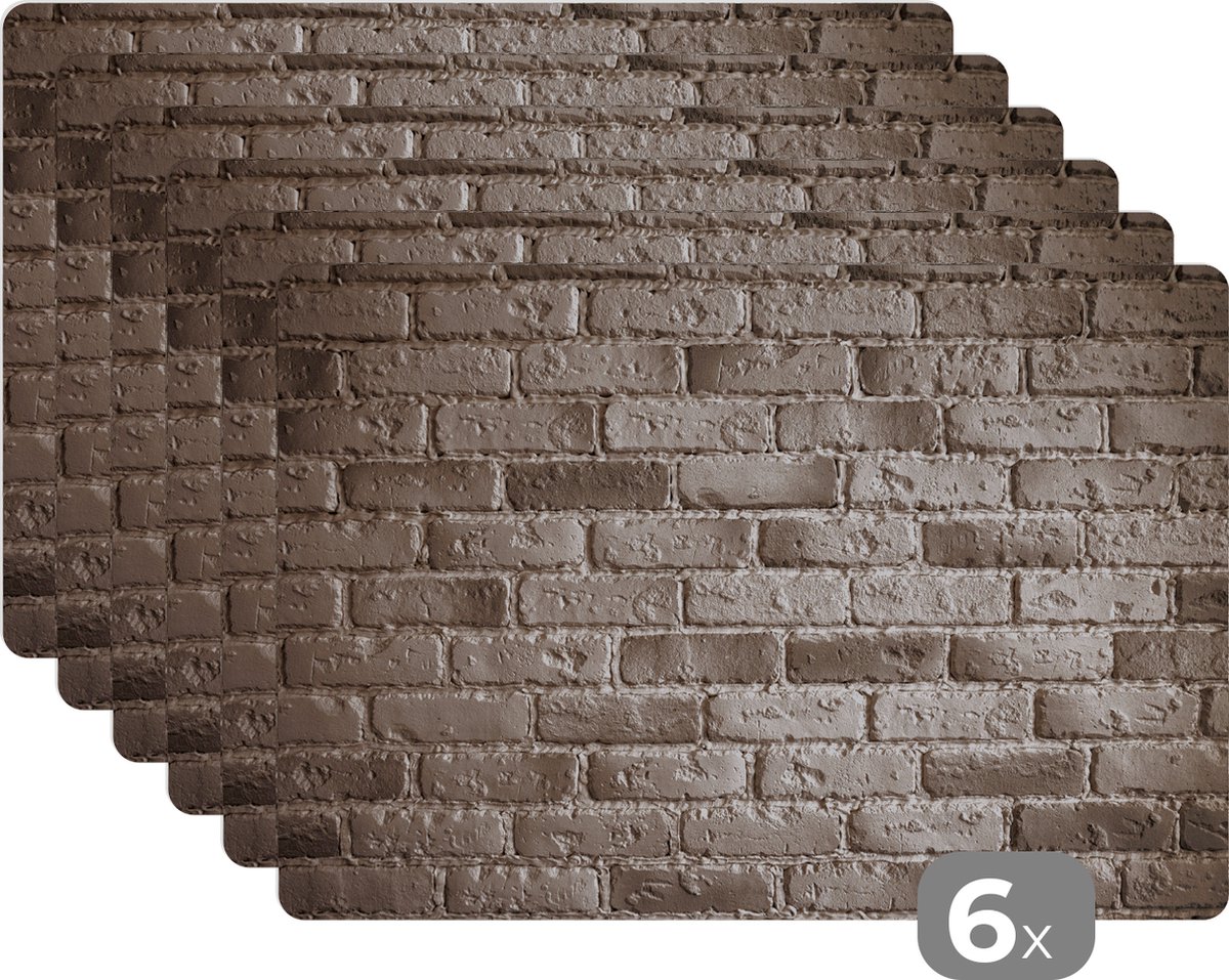 Placemat - Onderlegger - Bakstenen - Muur - Grijs - Placemat vinyl - Placemats -45x30 cm - 6 stuks