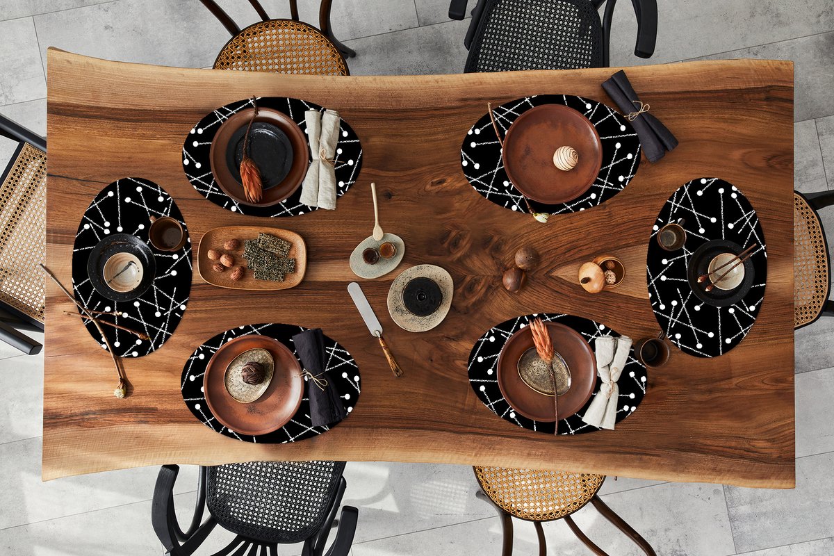 Placemats ovaal - Onderleggers - Ovale placemats - Patroon - Spelden - Zwart Wit - 6 stuks
