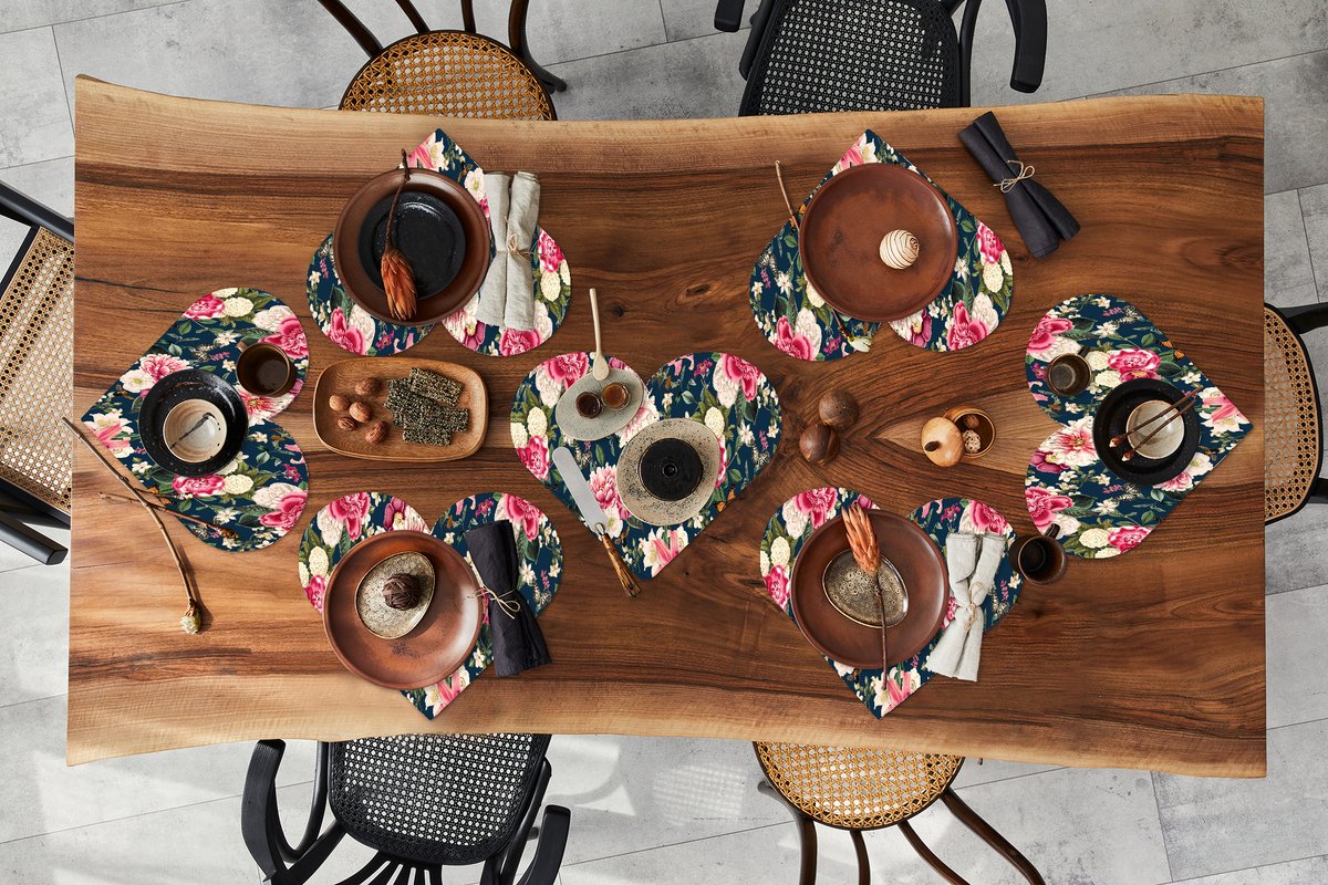 Onderleggers - Placemats - Placemats hartje - Patronen - Roos - Bladeren - 8 stuks