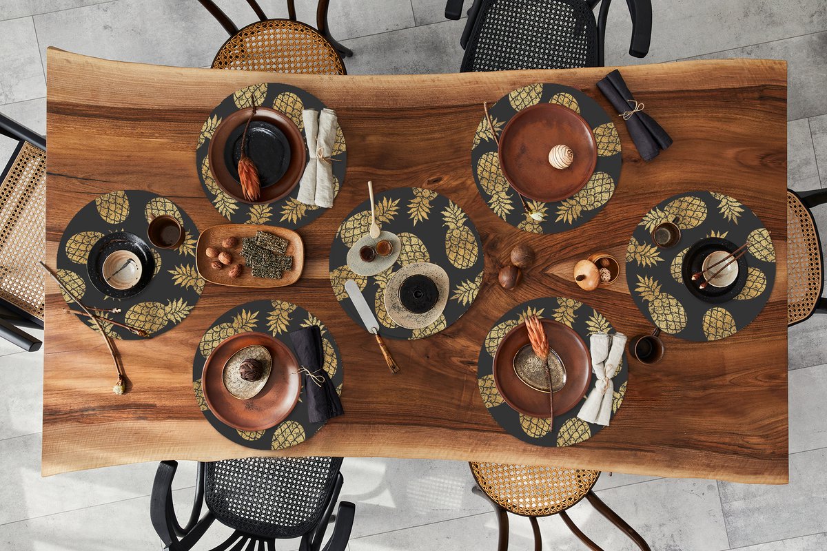 Ronde placemats - Onderlegger - Placemats rond - Ananas - Goud - Luxe - Patronen - 8 stuks