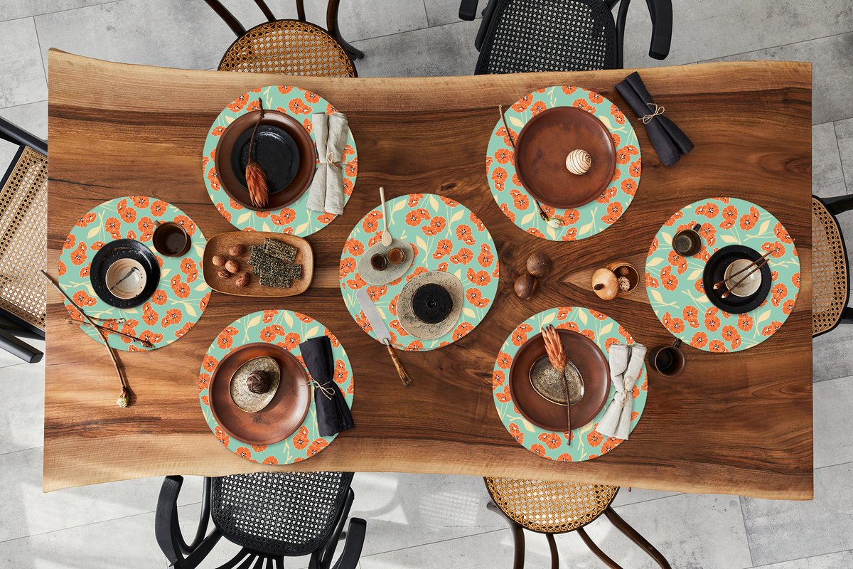 Ronde placemats - Onderlegger - Placemats rond - Retro - Bloemen - Design - Oranje - 8 stuks