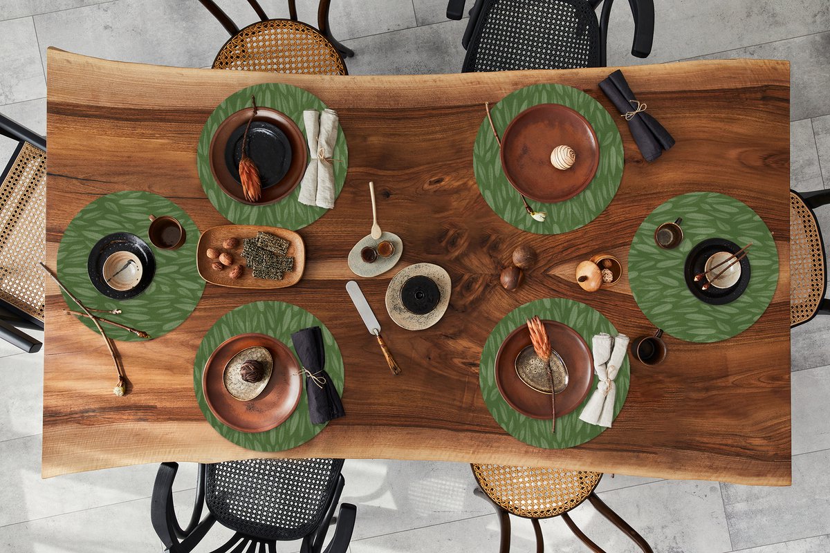 Ronde placemats - Onderlegger - Placemats rond - Patroon - Bladeren - Groen - 6 stuks
