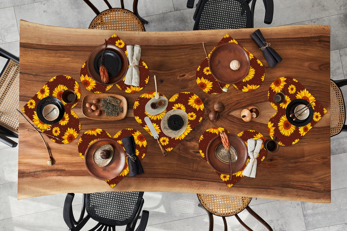 Onderleggers - Placemats - Placemats hartje - Zonnebloem - Bohemian - Flora - Patroon - 8 stuks