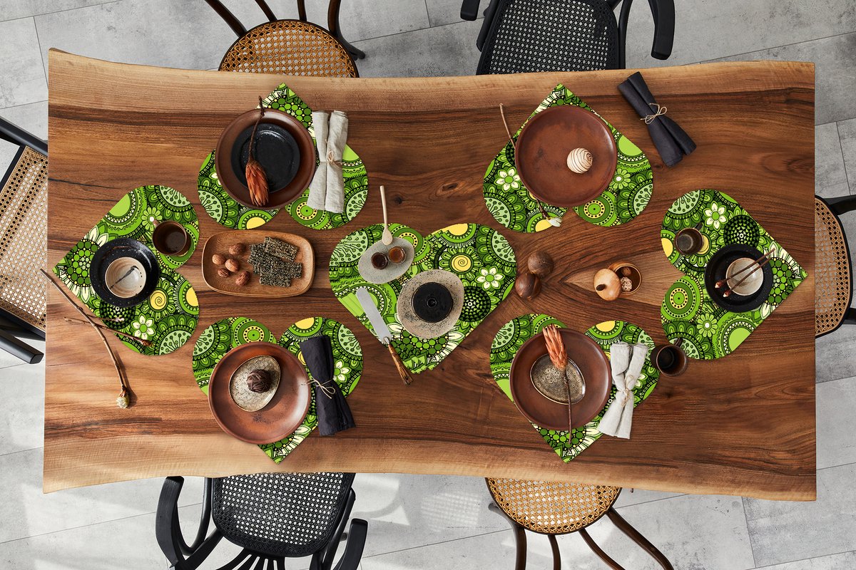 Onderleggers - Placemats - Placemats hartje - Bloemen - Groen - Patroon - 10 stuks