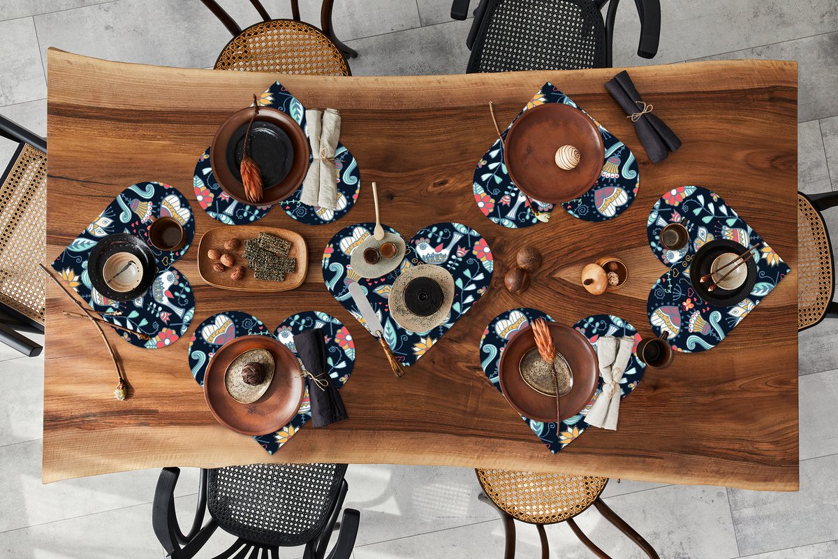 Onderleggers - Placemats - Placemats hartje - Vlinder - Vogel - Bloem - Patroon - 8 stuks