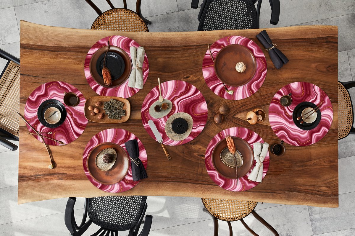 Ronde placemats - Onderlegger - Placemats rond - Marmer print - Rood - Gouden - 8 stuks