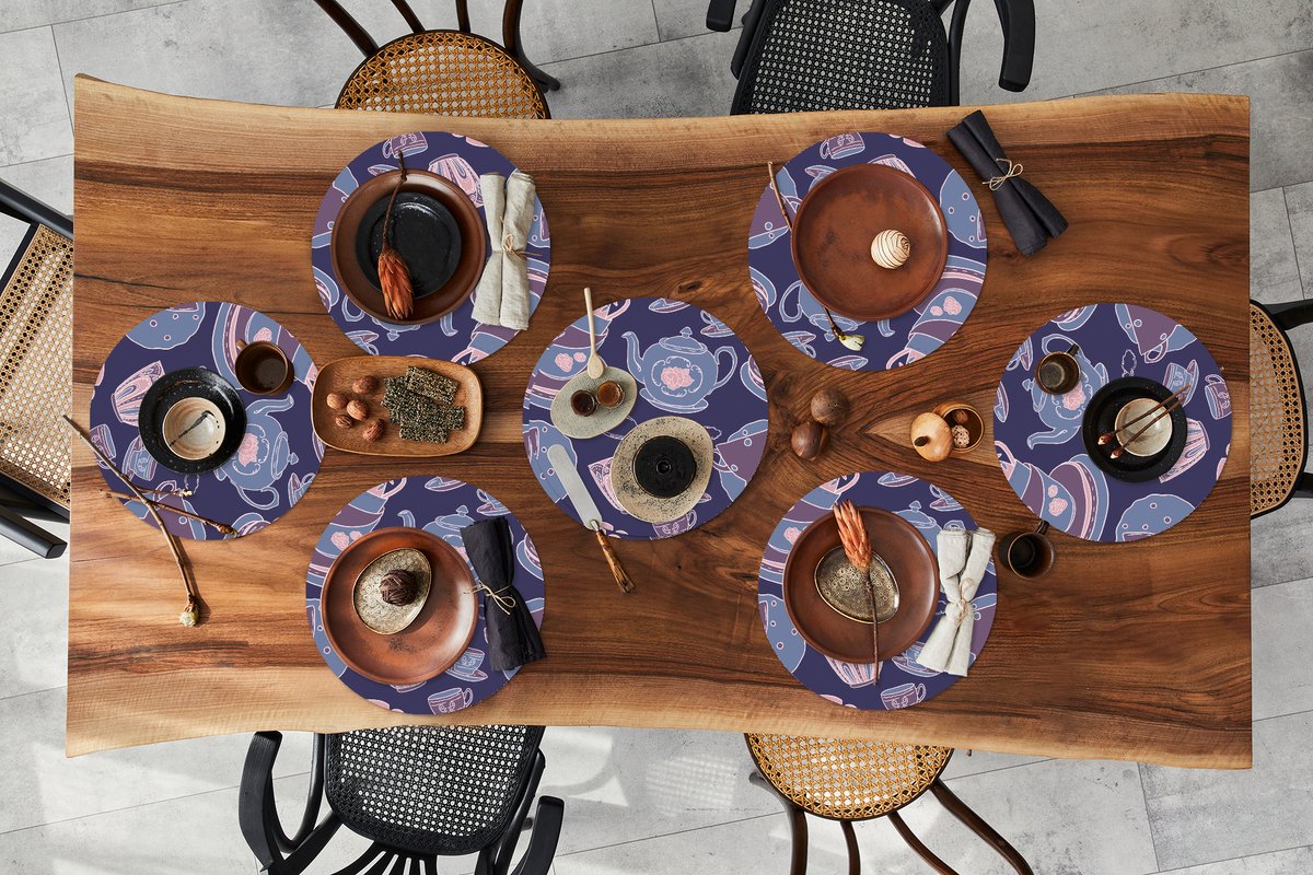 Ronde placemats - Onderlegger - Placemats rond - Patroon - Thee - Kop - Theepot - 8 stuks