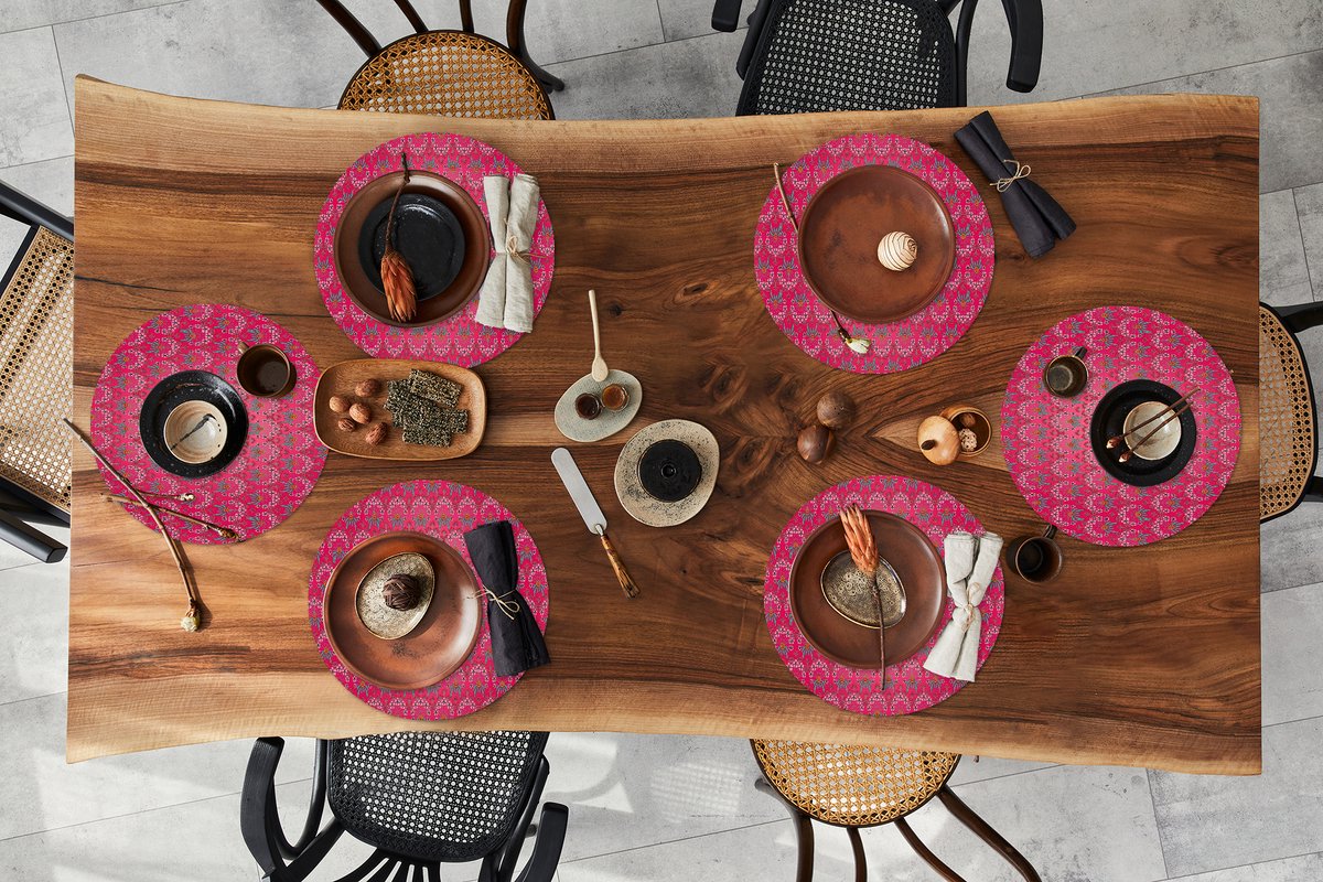 Ronde placemats - Onderlegger - Placemats rond - Modernisme - Bloemen - Kunst - Roze - Mucha - 6 stuks