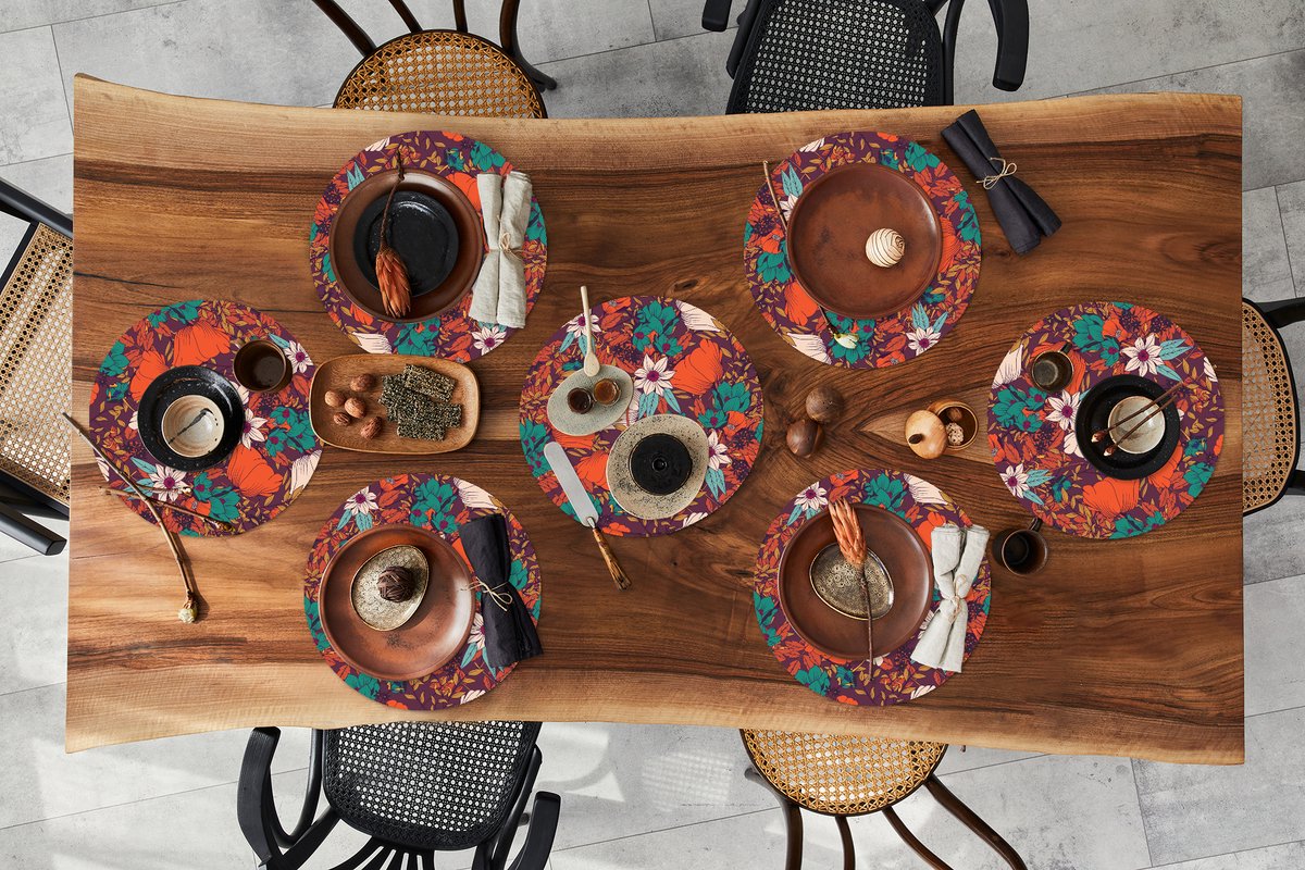 Ronde placemats - Onderlegger - Placemats rond - Bloemen - Herfst - Patroon - 8 stuks