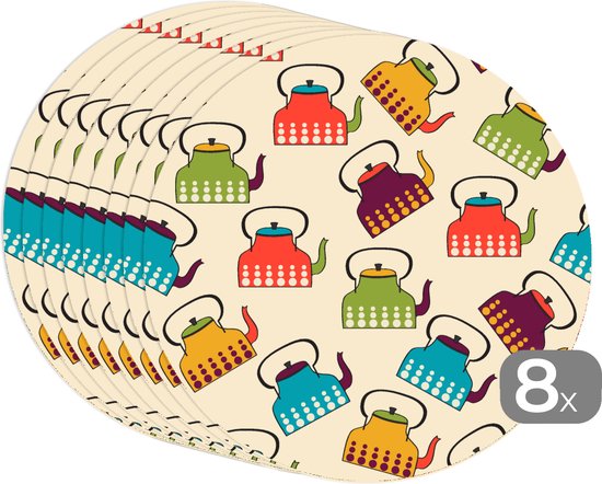 Sets de table ronds - Dessous de verre - Napperons de table ronds - Design - Rétro - Théière - Couleurs - 8 pièces