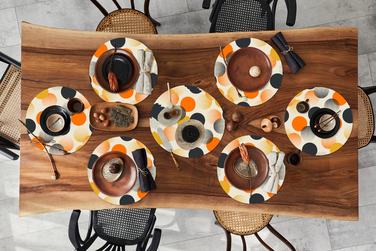 Ronde placemats - Onderlegger - Placemats rond - Polkadot - Design - Retro - Oranje - 10 stuks