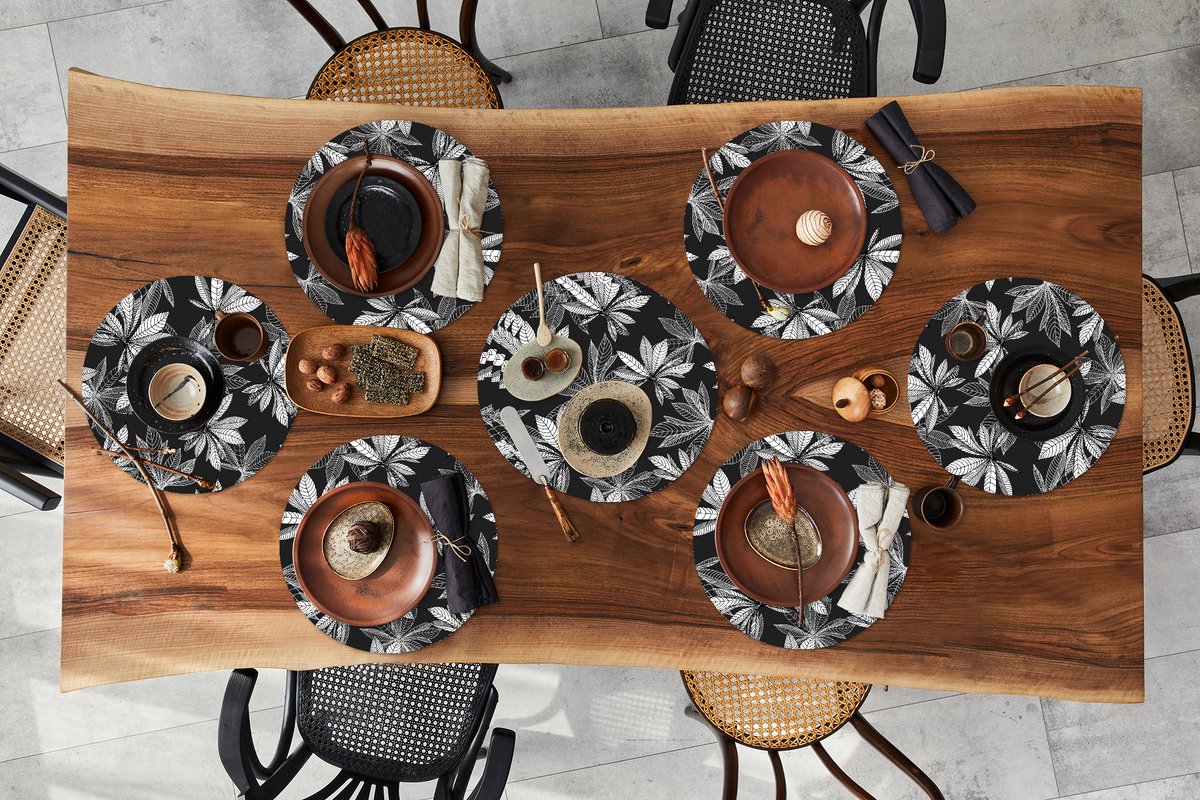 Ronde placemats - Onderlegger - Placemats rond - Zwart - Wit - Patronen - Bladeren - Natuur - 10 stuks