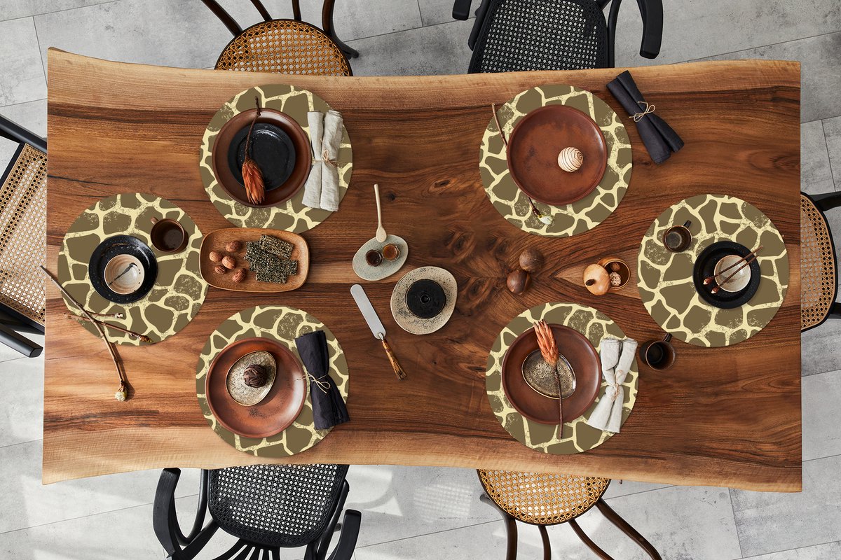 Ronde placemats - Onderlegger - Placemats rond - Patroon - Giraf - Vacht - 6 stuks