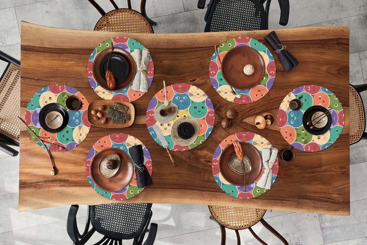 Ronde placemats - Onderlegger - Placemats rond - Katten - Regenboog - Kind - Design - 8 stuks
