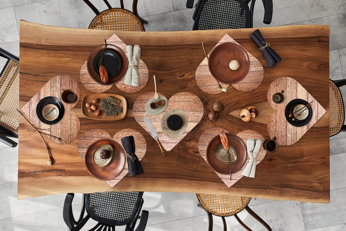 Onderleggers - Placemats - Placemats hartje - Eikenhout - Planken - Patronen - 8 stuks