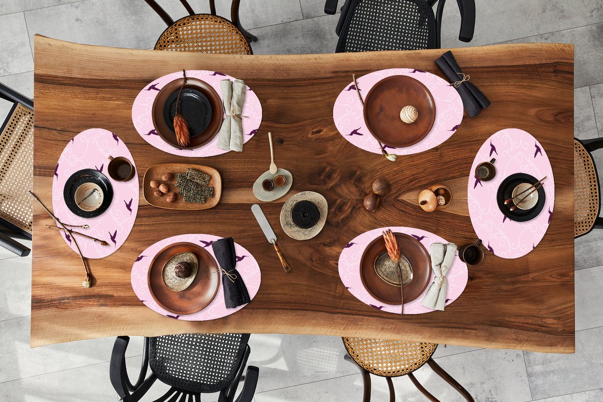 Placemats ovaal - Onderleggers - Ovale placemats - Vogel - Patronen - Roze - 6 stuks