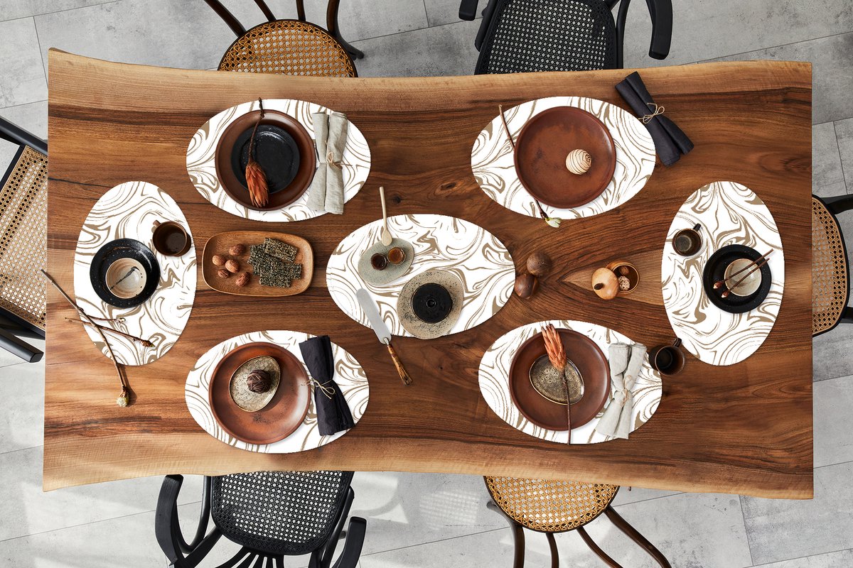 Placemats ovaal - Onderleggers - Ovale placemats - Marmer print - Beige - Wit - 8 stuks