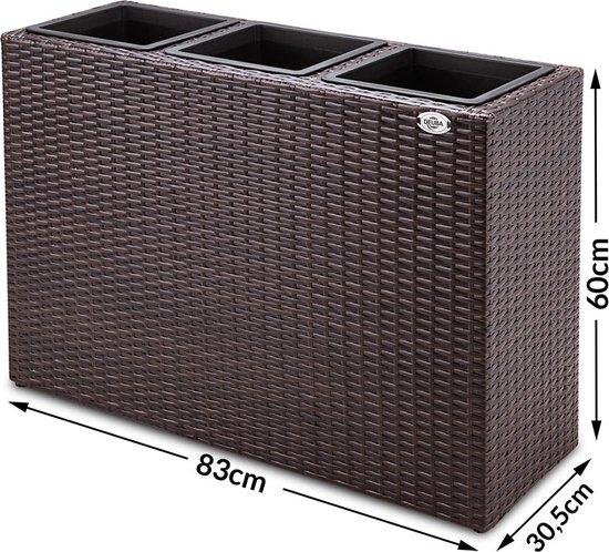 Bruine plantenbak met wicker-look, 83x30,5x60cm, met drie zwarte binnenpotten.