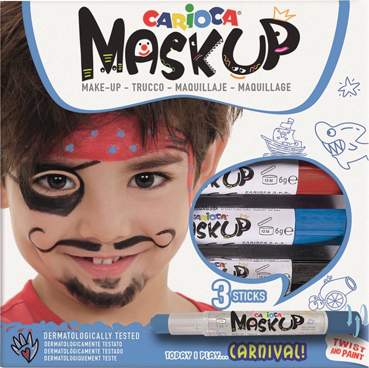 CARIOCA MASK UP "Carnival" Schminkstiften - 3 kleuren (Rood/Blauw/Zwart) - Kindergrime - Uitwasbaar