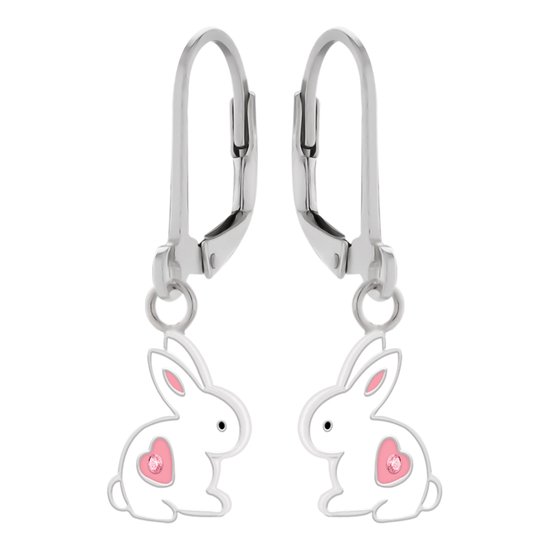 Oorbellen meisje | Zilveren kinderoorbellen | Zilveren oorhangers, wit konijn met roze hartje met kristal