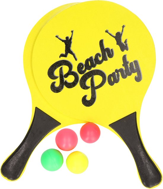 Foto: Houten beachball set geel met extra reserve balletjes strand camping spelletjes