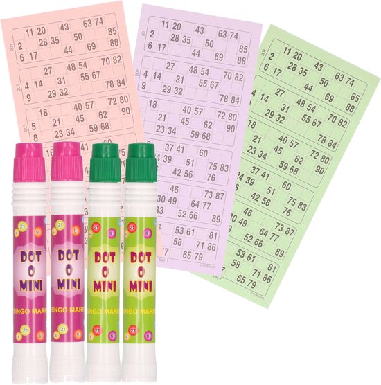 Afbeelding van het spel 4x Bingostiften/Markeerstiften - 2x stuks in de kleuren groen/paars met 100x papieren bingokaarten van 1-90