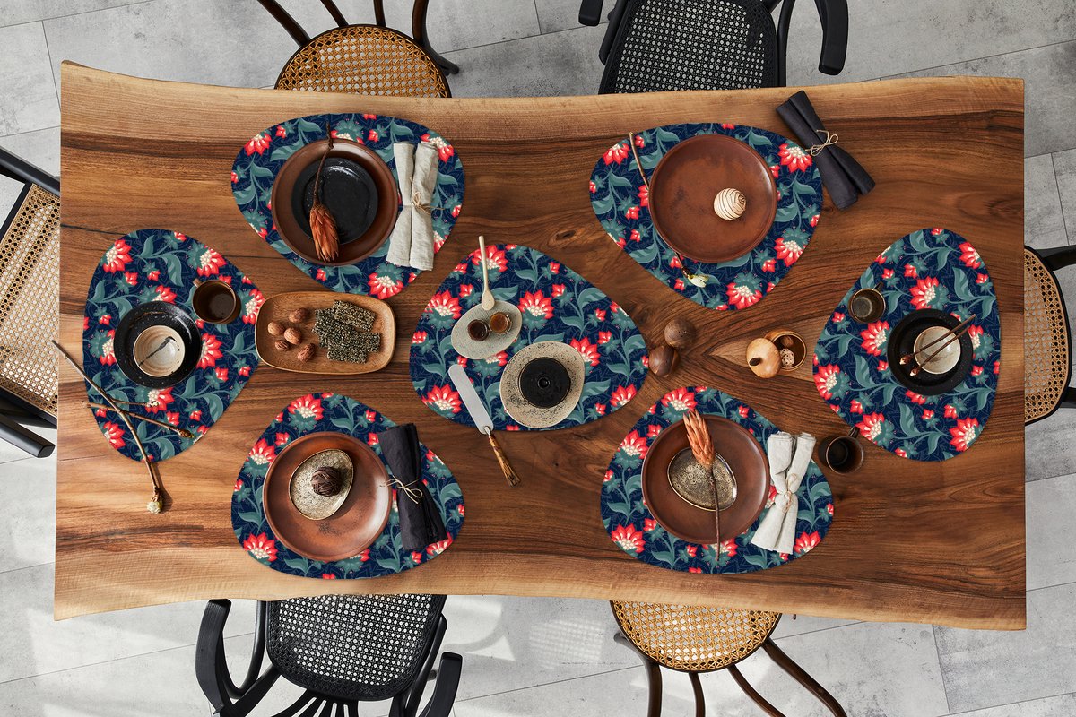 Placemat organisch - Placemats organic - Onderleggers - Design - Bloemen - Rood - 8 stuks