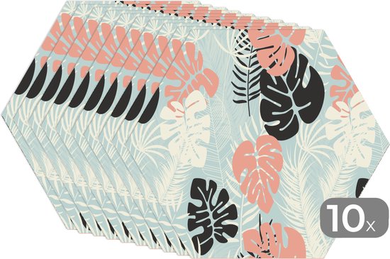 Napperons de table hexagon - Sets de table - Set de table hexagone - Feuilles - Monstera - Pastel - Hawaï - Motifs - 10 pièces