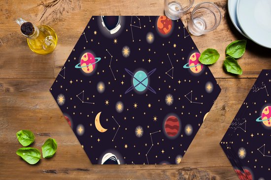 Placemats hexagon - Onderleggers placemats - Placemat zeshoek - Space - Zodiac - Sterren - Design - Heelal - 8 stuks