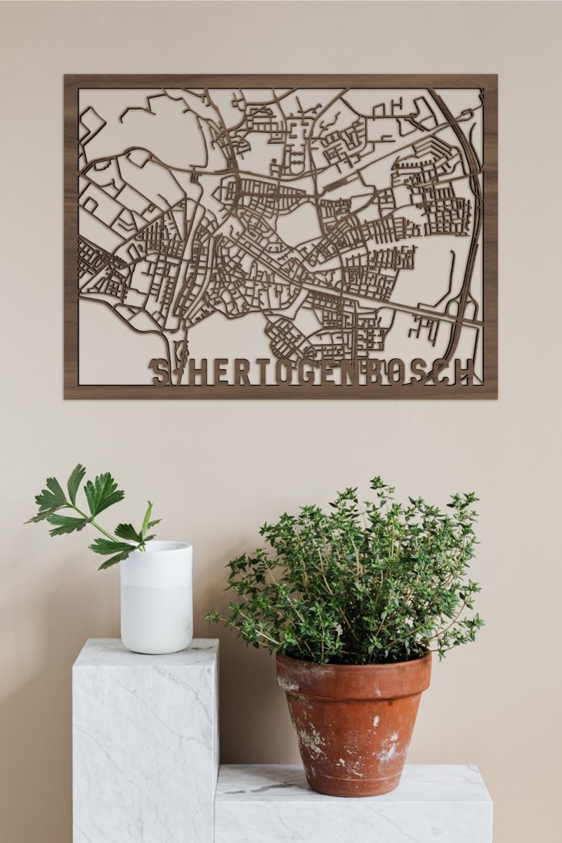 Houten Stadskaart 's-Hertogenbosch Notenhout 50x70cm Wanddecoratie Voor Aan De Muur City Shapes