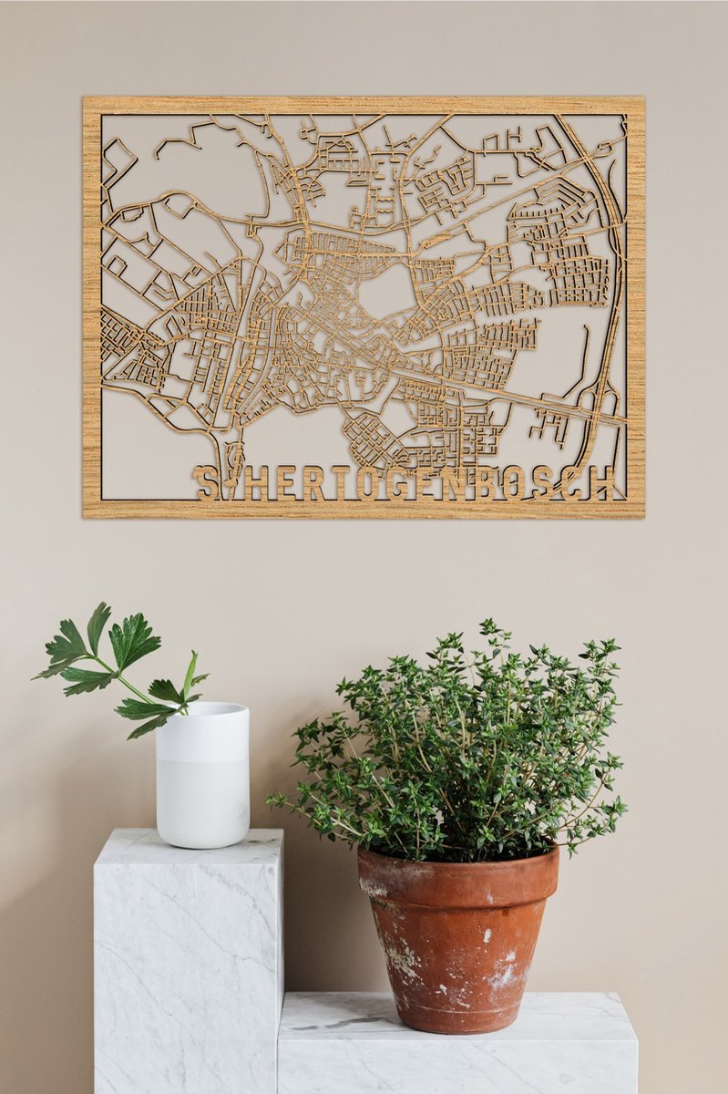 Houten Stadskaart 's-Hertogenbosch Eikenhout 30x40cm Wanddecoratie Voor Aan De Muur City Shapes