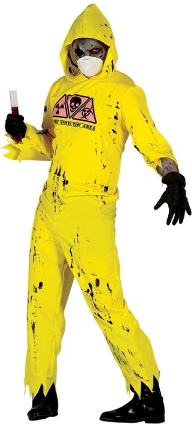 Gele radioactieve zombie outfit met capuchon, mondkapje, zwarte vlekken en "INFECTIOUS AREA" tekst. Houdt een bloedbuisje vast.