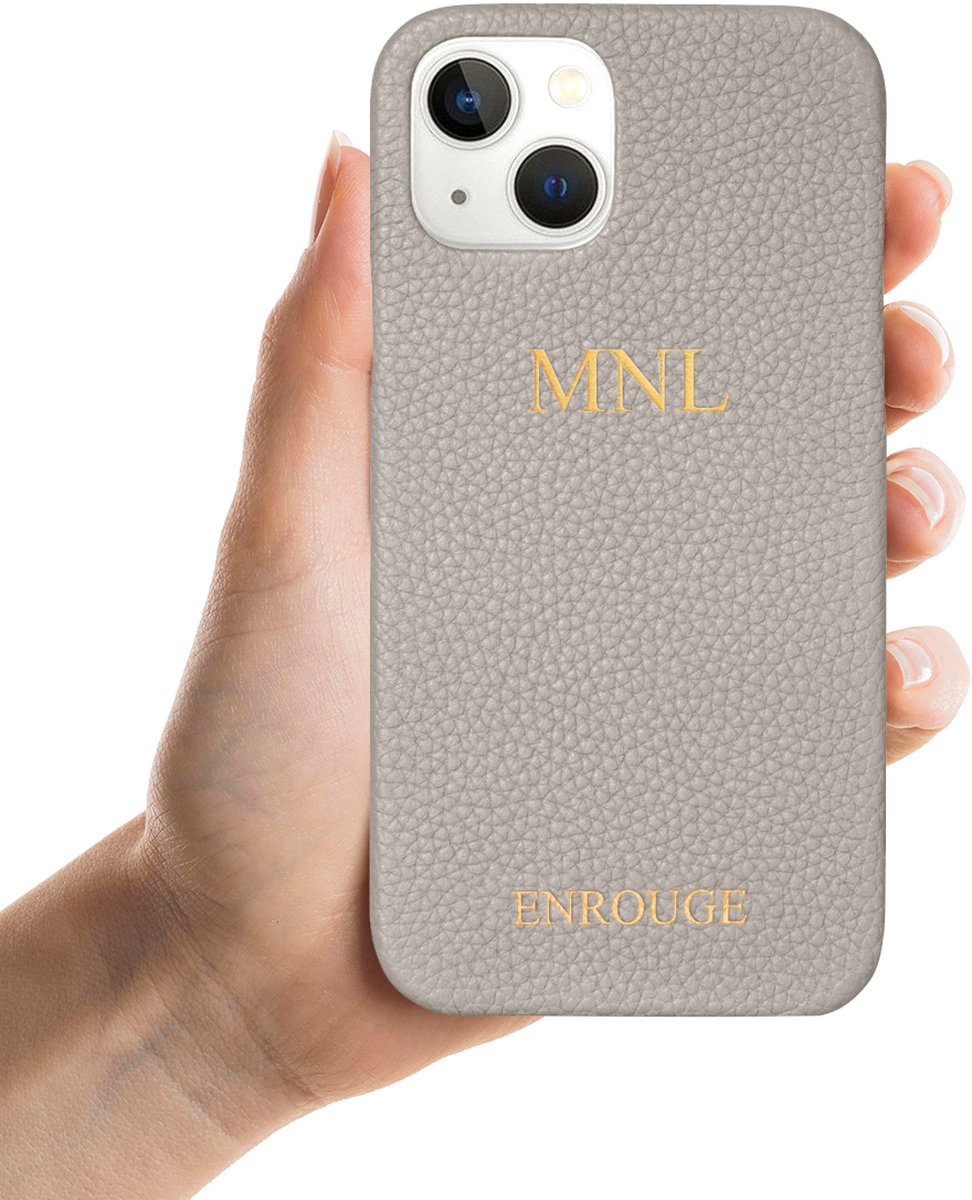 ENROUGE Iphone 13 Mini Case SILVER GREY | Luxe Hoesje van Echt Leer | Gepersonaliseerd met Naam of Initialen | 100% Leder | Cadeautip Inclusief Geschenkverpakking