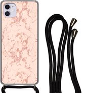 Hoesje met koord Geschikt voor iPhone 11 - Marmer print - Rose goud - Patronen - Chic - Siliconen - Crossbody - Backcover met Koord - Telefoonhoesje met koord - Hoesje met touw