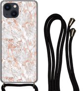 Hoesje met koord iPhone 13 - Marmer - Rose goud - Luxe - Patronen - Siliconen - Crossbody - Backcover met Koord - Telefoonhoesje met koord - Hoesje met touw