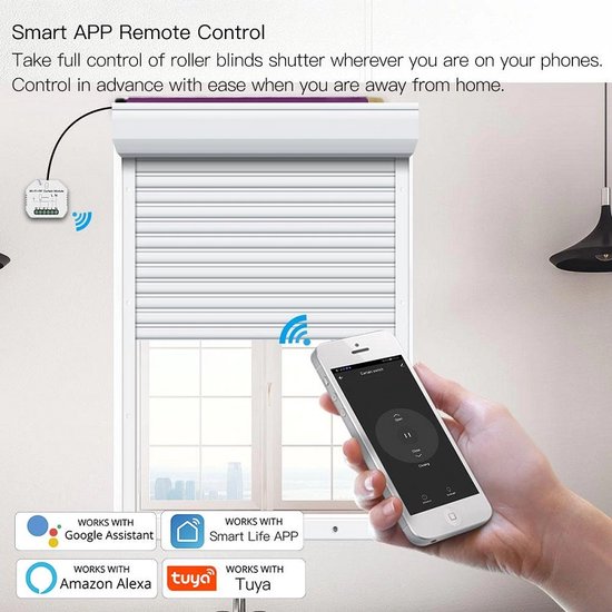 Wi-Fi+RF Curtain Module verbonden met rolluik, bediend via smartphone-app.
