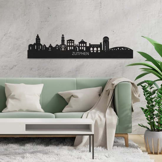Skyline Zutphen - Wanddecoratie van zwart hout - 80 cm