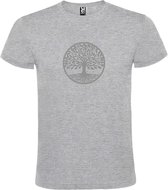 Grijs T shirt met print van " mooie Levensboom " print Zilver size S