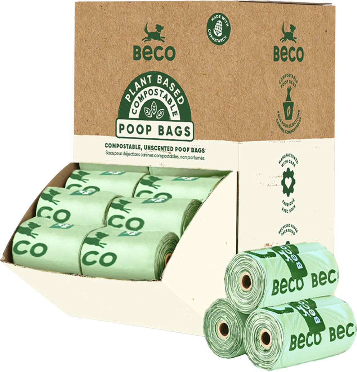 Beco Bags Compostable - Composteerbare hondenpoepzakjes op rol - Ongeparfumeerd - Groot en Sterk - 96 Stuks - 8 rollen van 12 zakjes