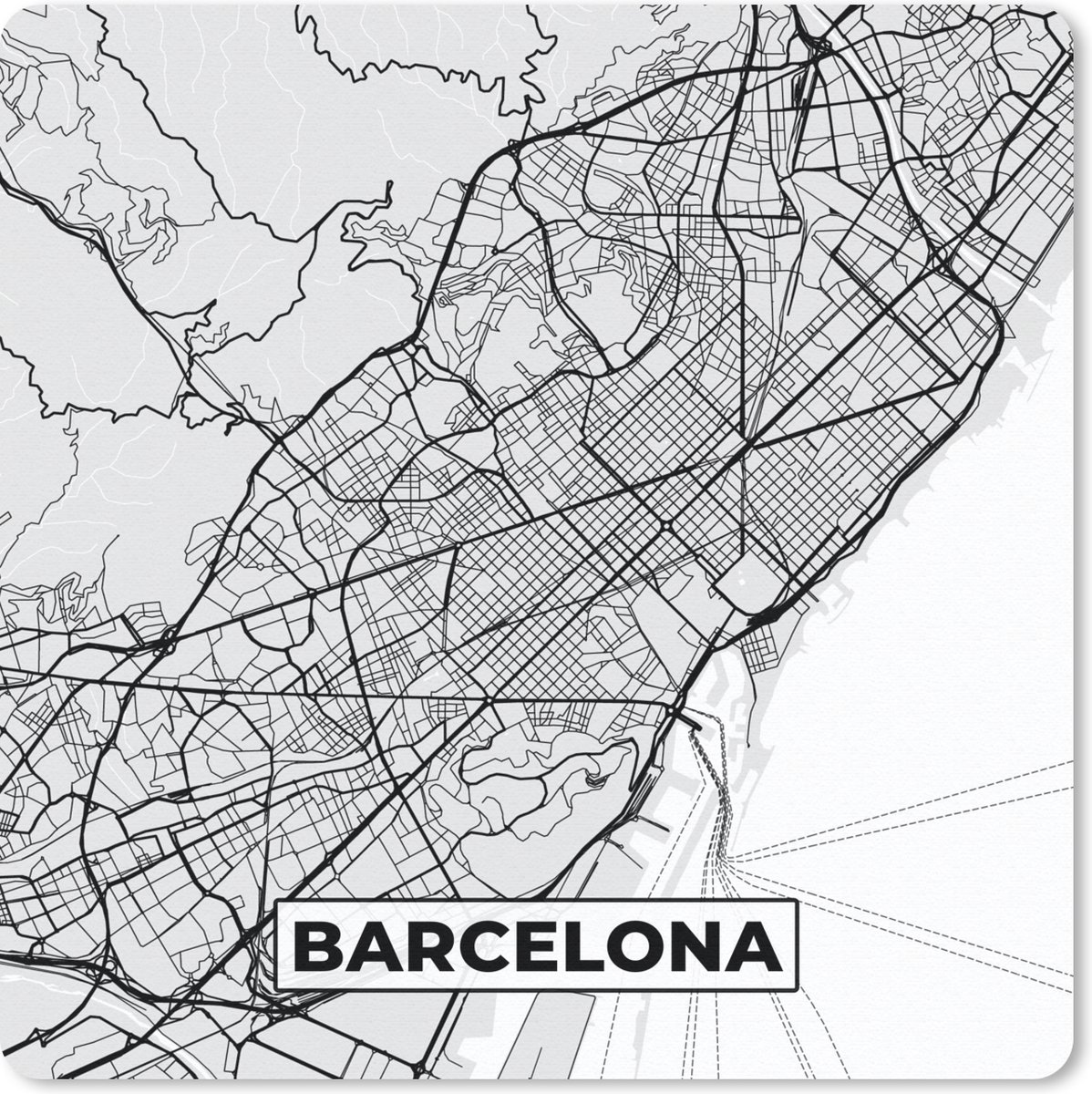 Muismat 30x30 cm - Mousepad Barcelona - Stadskaart - Plattegrond - Zwart Wit - Kaart - Muismatten - Stadskaart