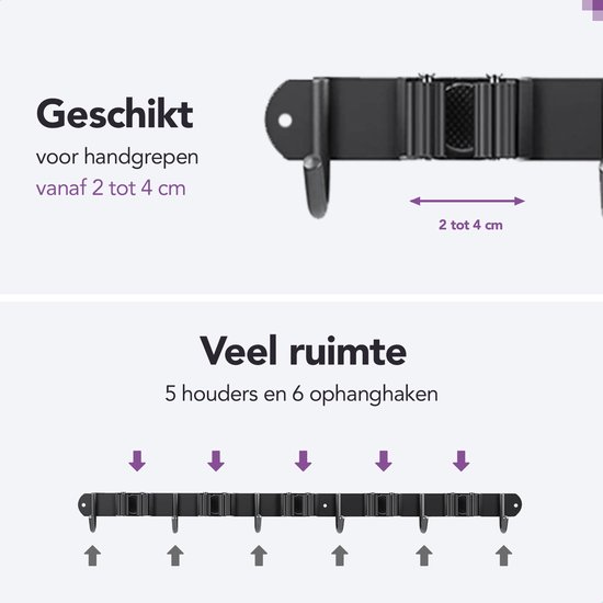 Zwart rek met 5 houders en 6 ophanghaken voor handgrepen van 2 tot 4 cm.