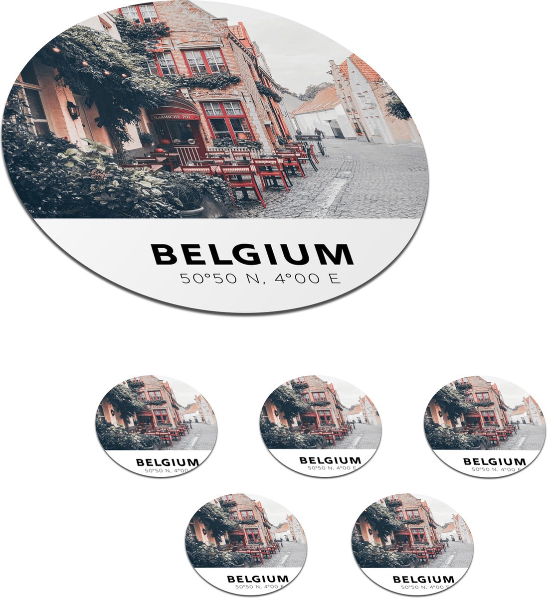 Onderzetters voor glazen - Rond - België - Terras - Stad - 10x10 cm - Glasonderzetters - 6 stuks