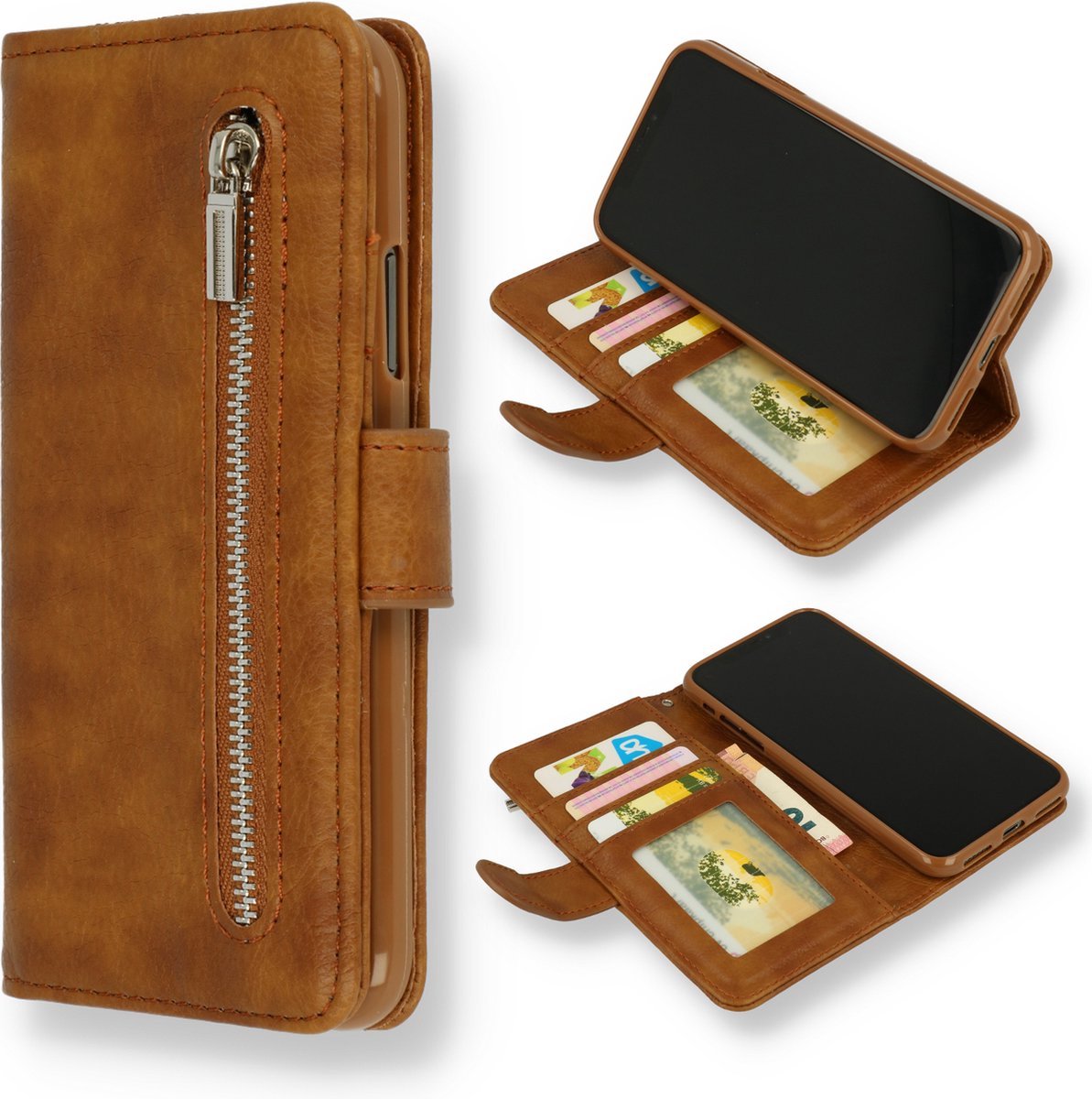 Apple iPhone 13 Mini Hoesje Bruin - Luxe Kunstlederen Portemonnee Book Case met Rits