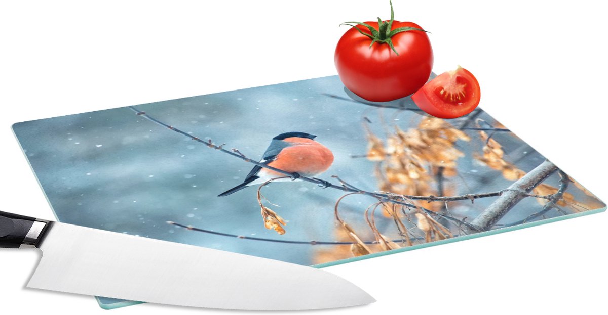 Glazen Snijplank - 28x20 - Roodborstje - Vogel - Sneeuw - Herfstbladeren - Snijplanken Glas