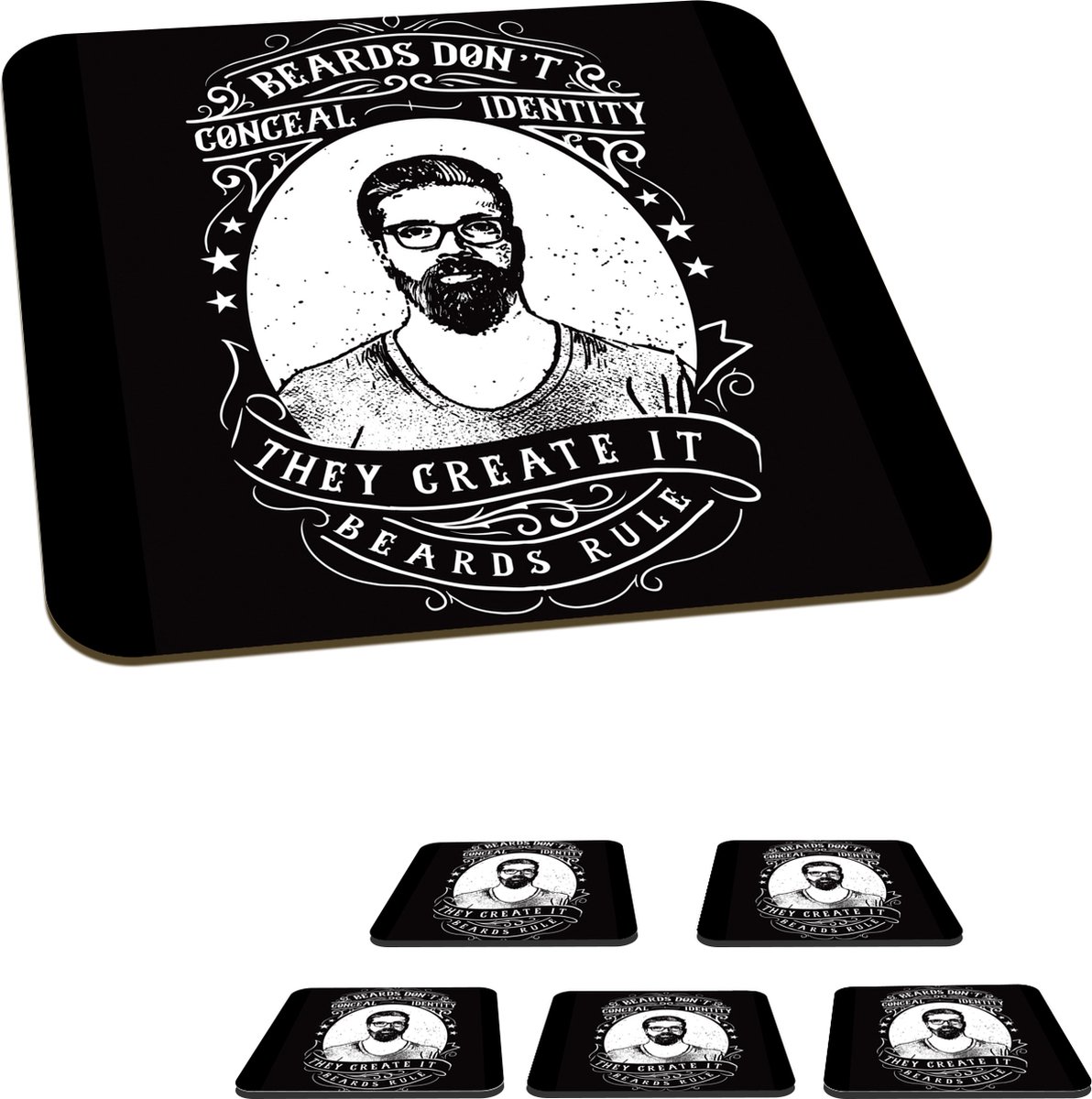 Onderzetters voor glazen - Mancave - Mannen - Baard - Retro - 10x10 cm - Glasonderzetters - 6 stuks