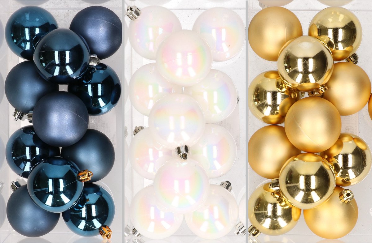 Mix van donkerblauw, parelmoer wit en goud kerstballen 6 cm.