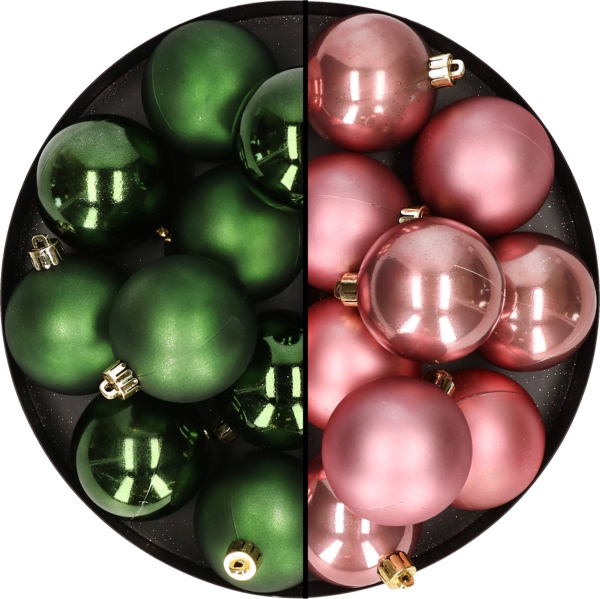 Set van 24 kunststof kerstballen in oudroze en donkergroen, elk 6 cm groot. Feestelijke kerstversiering.