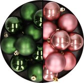 24x stuks kunststof kerstballen mix van oudroze en donkergroen 6 cm - Kerstversiering